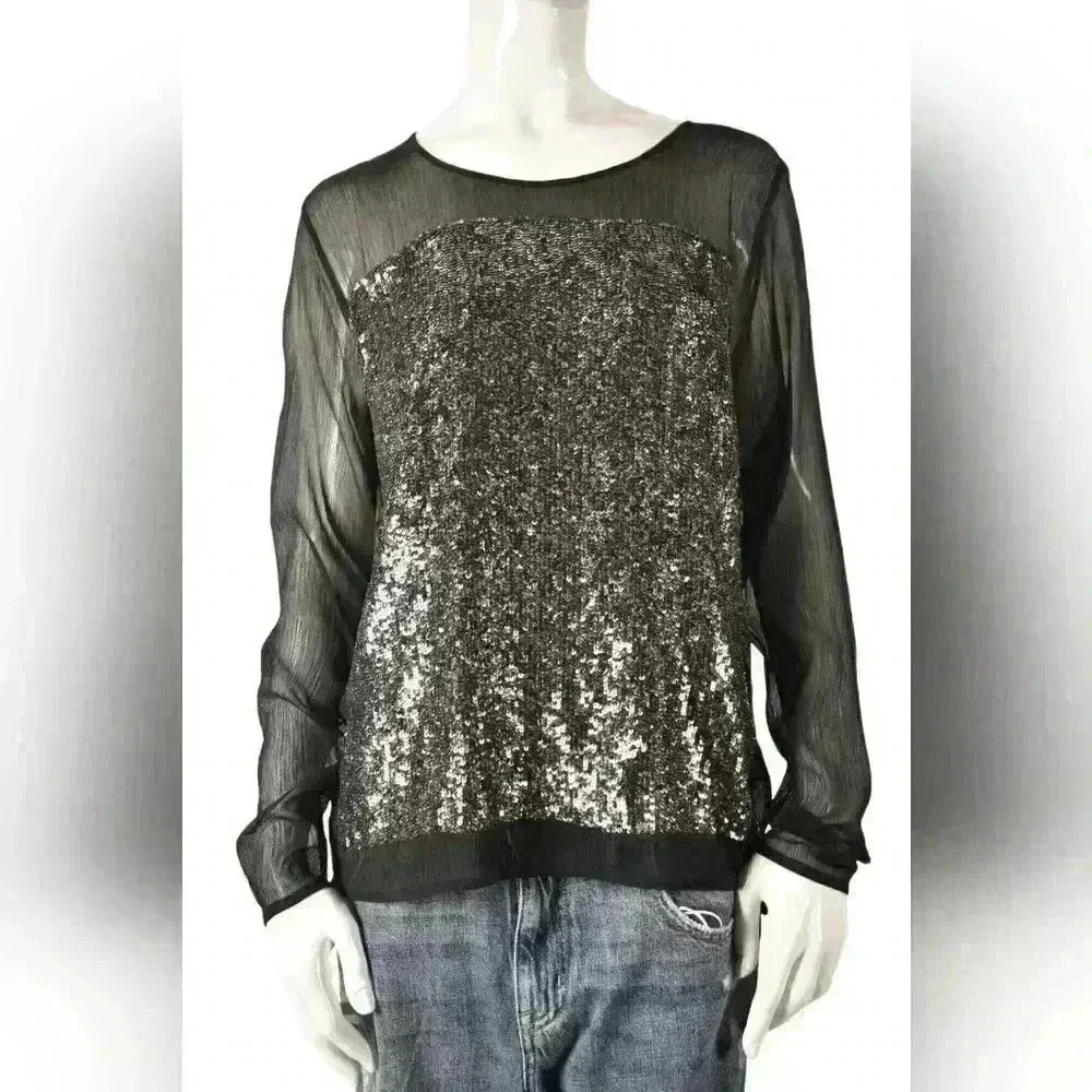 GESTUZ Black Grey Polyester Crepe Sequin Sparkle Sheer Evening Blouse  Medium
